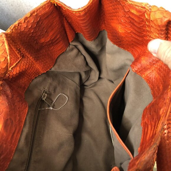 Tote Bag Womens Orange Python Snakeskin Leather Large Shoulder Handbag - Picture 10 of 16